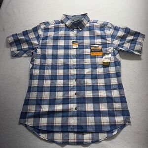 Noble Outfitters FullFlexx Mens L Blue Plaid Short Sleeve Button Work Shirt NWT